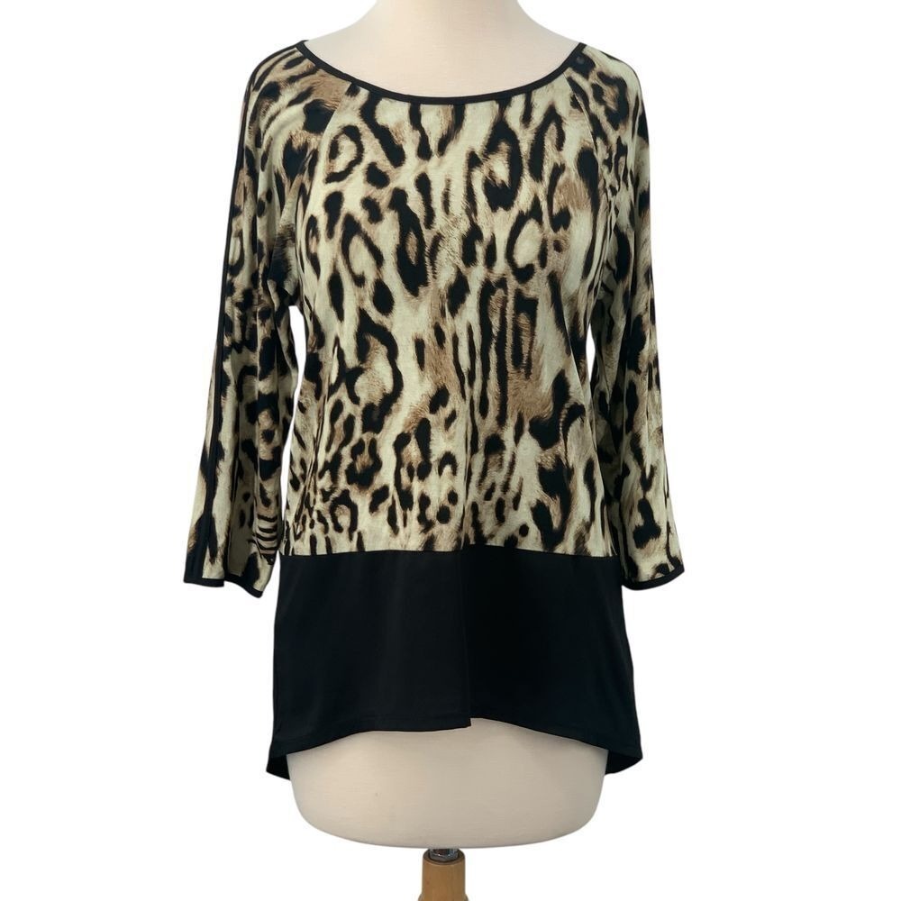 Chico's‎ 3/4 Sleeve Pullover Leopard Print Colorblock Tunic Top Hi-Low Size 0 Sm